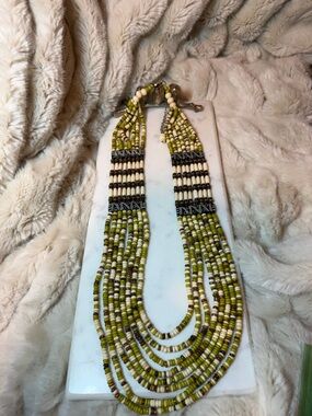 Chico’s Elba Tribal Boho Design Multi-Strand Ivory, Green Beaded Necklace